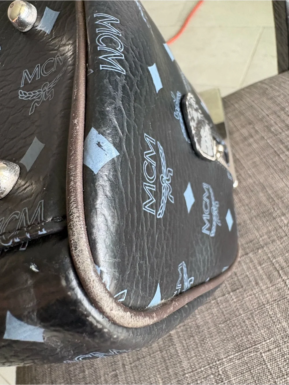 MCM Black Leather Logo Satchel with Brown Handles and Gold Hardware